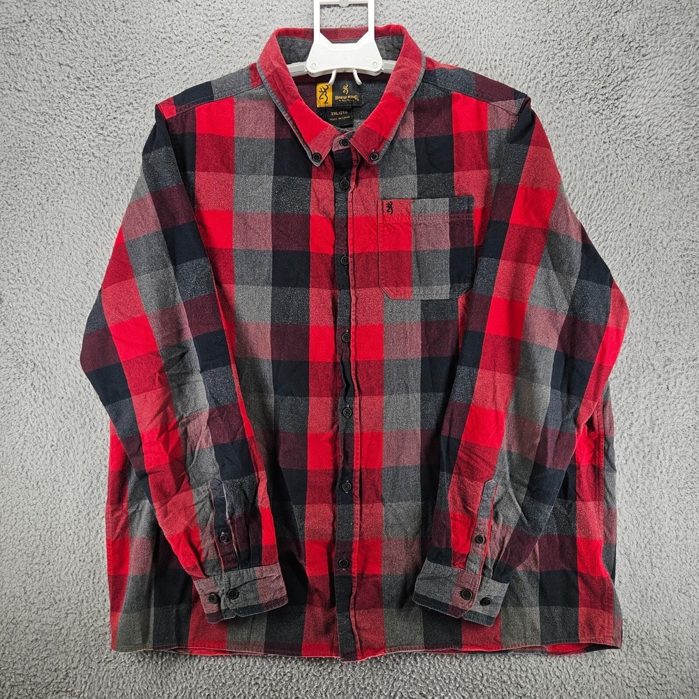 Browning Mens 2XL Red Black Buffalo Plaid Flannel Button Down Shirt Cotton